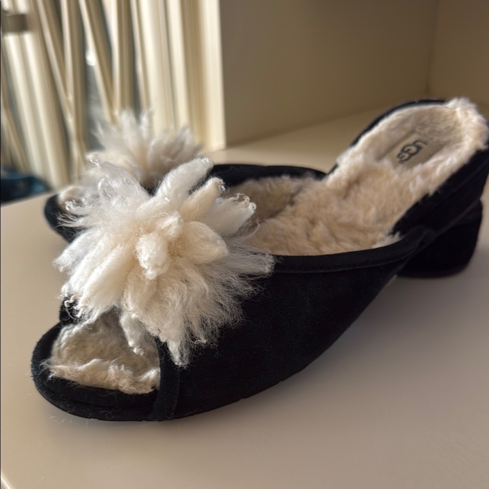 UGG Black and Cream Fluffy Pom-Pom Slippers